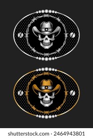 Sheriff Skull with Cowboy Hat and barbed wire, stylized silhouette label belt buckle vector design