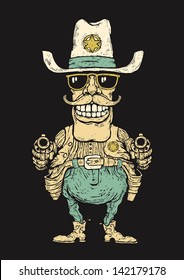 Sheriff Smiling With Two Revolvers. Funny Character. Linocut Style. Vector Illustration