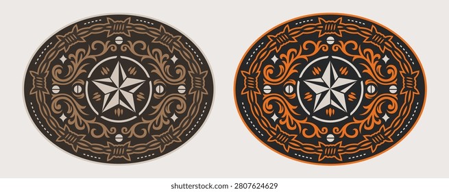Sheriff Star Badge barbed wire frame belt buckle tag Label wild west Rodeo Cowboy style Point Star vector design.