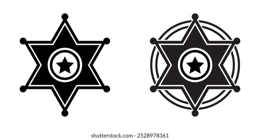 Flaches Symbol für Sheriff-Sternenabzeichen. Retro Vintage Sheriff Stern Vektor. Western Cowboy Offizier 6 Punkt Badge Symbol. Sechseckmedaille. Symbol der Sicherheitspolizei einzeln auf transparentem Hintergrund.