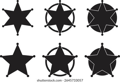 Sheriff estrela crachá conjunto de ícone plano. Símbolo da Polícia de Segurança isolado em fundo transparente. Retro vintage xerife estrela ilustração vetor.