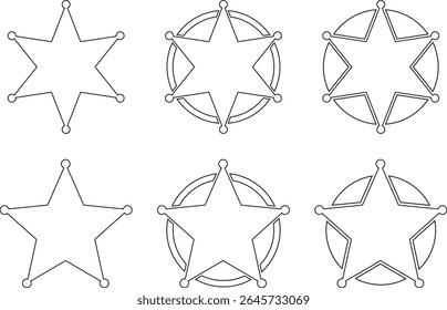 Conjunto de ícones do distintivo de estrela do xerife. Símbolo da Polícia de Segurança isolado em fundo transparente. Retro vintage xerife estrela ilustração vetor.