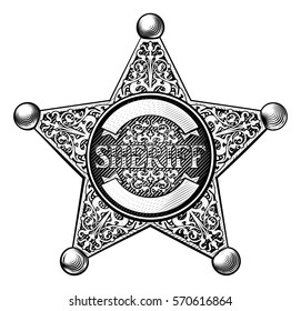 Sheriff star badge in a vintage etched engraved style