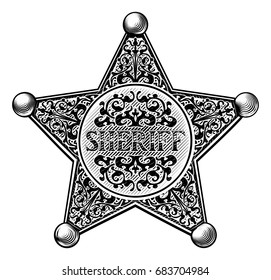 Sheriff star badge in a vintage etched engraved wild west style