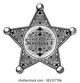 Sheriff star badge in a vintage western etched engraved style