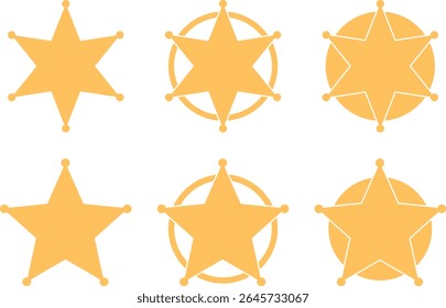 Sheriff estrela crachá amarelo ícone plano definido. Símbolo da Polícia de Segurança isolado em fundo transparente. Retro vintage xerife estrela ilustração vetor.