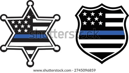 Sheriff Star and Police Shield with Thin Blue Line American Flag Design Vector