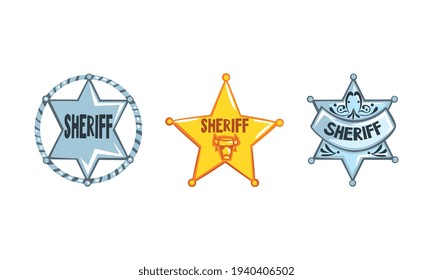 Sheriff Stars Badges Set, Western Ranger Sheriff Signs Cartoon Vector Illustration