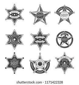 Sheriff stars badges. Western star texas and rangers shields or logos vintage vector pictures. Illustration of texas star, ranger sheriff badge svg