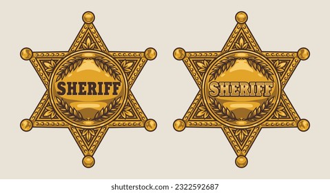 Sheriff stars colorful vintage emblem with golden insignia for cop uniform protecting residents and working in state police vector illustration