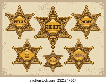 Sheriff stars set stickers colorful with gold badges for police cop or Texas rodeo clothing vector illustration