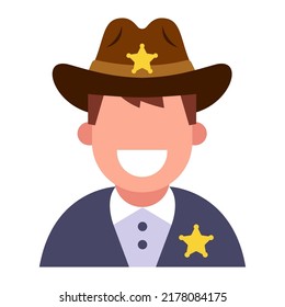 A Sheriff In The Wild West Wearing A Cowboy Hat And A Gold Badge. Flat Vector Illustration.