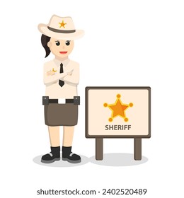 sheriff woman with sheriff sign design character on white background