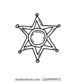 Sheriff's badge in the shape of a star. Sign of law, justice. Doodle. Vector illustration. Hand drawn. Outline.