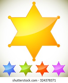 Sheriff's badge, sheriff's star. Glossy sheriff badge in 4 bright colors.