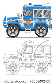 Sheriff's car. Side view. Coloring. Isolated on white background. Vector illustration.