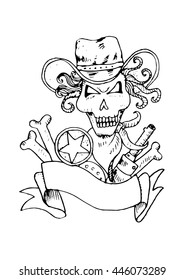 Sheriff's skull logo design. Hand drawing illustration