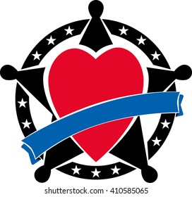 Sherifs badge with heart and blue ribbon over it. Vector illustration