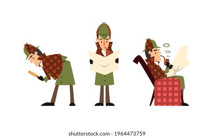 Sherlock Holmes Character Investigating Crime, Detective Man in Vintage Clothes Smoking Pipe Vector Illustration