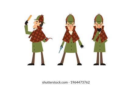 Sherlock Holmes Character Investigating Crime, Detective Man in Vintage Clothes Vector Illustration