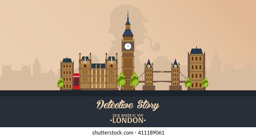 Sherlock Holmes. Detective illustration. Illustration with Sherlock Holmes. Baker street 221B. London. Big Ban