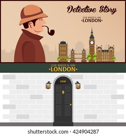Sherlock Holmes. Detective illustration. Illustration with Sherlock Holmes. Baker street 221B. London. Big Ban