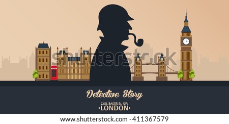 Sherlock Holmes. Detective illustration. Baker street 221B. London. Big Ban