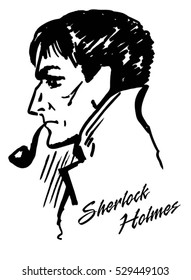 Sherlock Holmes. Detective illustration. Vector illustration of detective with the pipe. Ink drawing, sketch.