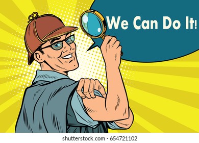 Sherlock Holmes detective sleuth. we can do it. Pop art retro vector illustration