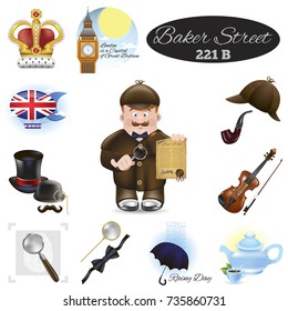 Sherlock Holmes, England. Character and objects. Set of vector illustrations isolated on white background.