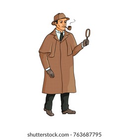 Sherlock Holmes, English, British detective in hunting cap and brown raincoat, smoking pipe, holding magnifier, hand drawn vector illustration isolated on white background. Sherlock Holmes character