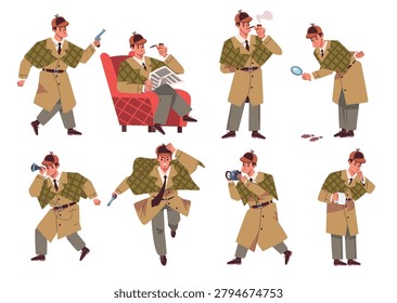 Sherlock holmes. English sleuth, private detective child book novel cartoon character inspector hat magnifying glass thinking pose crime investigation, classy vector illustration