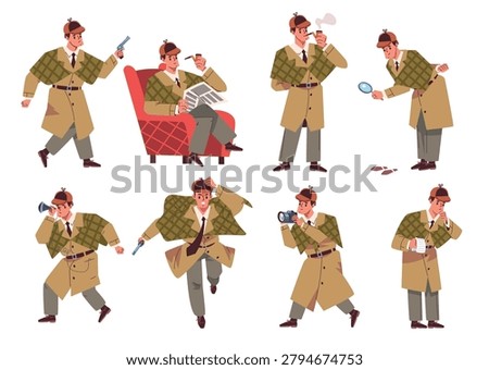 Sherlock holmes. English sleuth, private detective child book novel cartoon character inspector hat magnifying glass thinking pose crime investigation, classy vector illustration