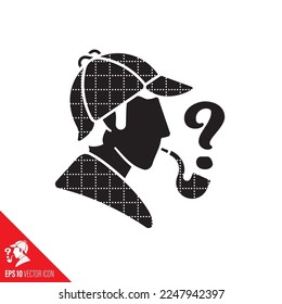 Sherlock Holmes head profile with cap, cape and pipe, smoke as question mark, vector icon.