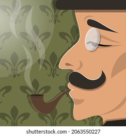 Sherlock Holmes or Hercule Poirot look like. Detective with mustache. English man with hat. Gentleman with pince-nez or eyeglasses. English detective vector illustration. Vintage style. Smoking pipe