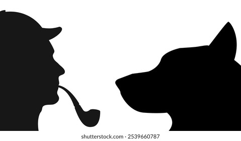 Sherlock Holmes e o Cão dos Baskervilles. Vetor plano preto silhueta ilustração isolada no fundo branco.