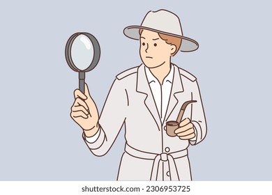 Sherlock Holmes with magnifying glass investigates crime using deduction methods and smokes tobacco pipe. Sherlock Holmes man works as detective studying evidence after mysterious robbery