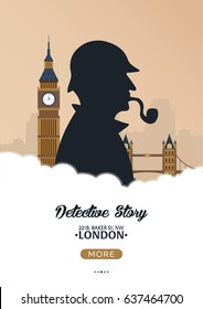 Sherlock Holmes poster. Detective illustration. Illustration with Sherlock Holmes. Baker street 221B. London. Big Ban