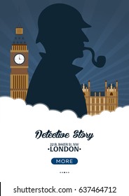 Sherlock Holmes poster. Detective illustration. Illustration with Sherlock Holmes. Baker street 221B. London. Big Ban