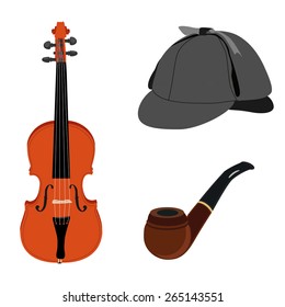 Sherlock Holmes set with grey deerstalker hat, smoking pipe and violin