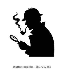 Sherlock Holmes silhouette smoking pipe and holding magnifying glass detective