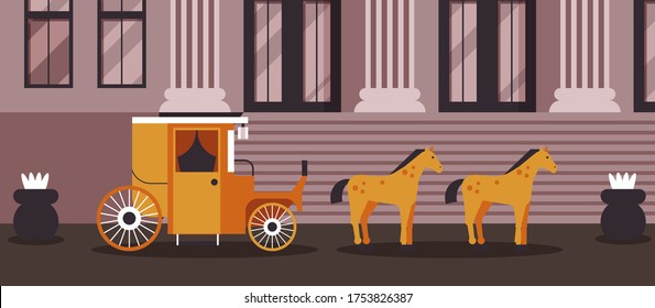 Resultado de Sherlock, ilustración del vector de la cabina dibujada por caballos. El transporte público se encuentra cerca de un gran edificio con columnas que el gobierno utiliza en el exterior. Disfraz de detective en caricatura alquilada.