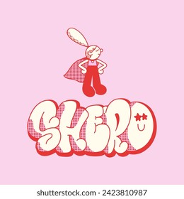 Shero graffiti lettering with a young woman (girl) in a cape vector illustration. Red and pink colors.