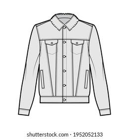 Sherpa lined denim jacket technical fashion illustration with oversized body, flap welt pockets, button closure, long sleeves. Flat apparel front, grey color style. Women, men unisex CAD mockup