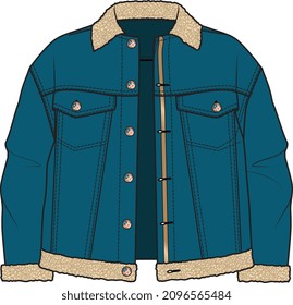 SHERPA TRIM DENIM JEANS JACKET WITH EMBROIDERY BUTTONS AND FUR FLEECE FOR KIDS OUTERWEAR VECTOR ILLUSTRATION