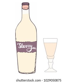 Sherry Glass And White Sherry Bottle. Hand Drawn Vector Sketch