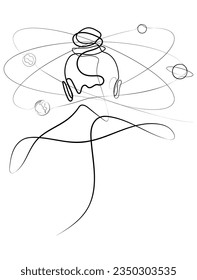 She's The Center Of The Universe, Woman Drawing in One Line Art Surrounded By Planets Over Her Head