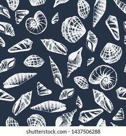 Sheshells seamless pattern on dark blue background, sea backdrop