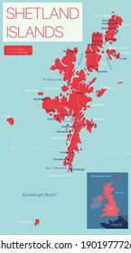Mapa editable detallado de las islas Shetland con las regiones ciudades y pueblos, carreteras y vías férreas, lugares geográficos. Archivo EPS-10 del vector