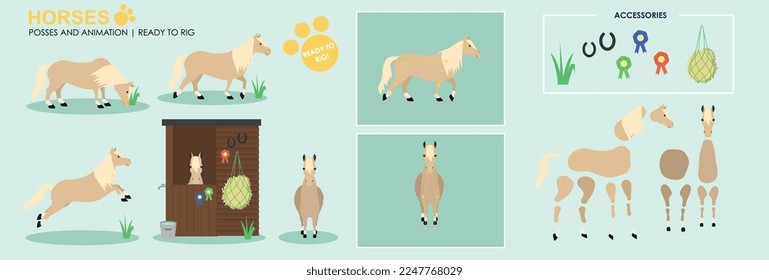 Shetland Pony Horse ready to animate with multiple poses accessories. Vector file labelled ready to rig. Horse riding, horse jumping, horses playing. Farm animals, stables 